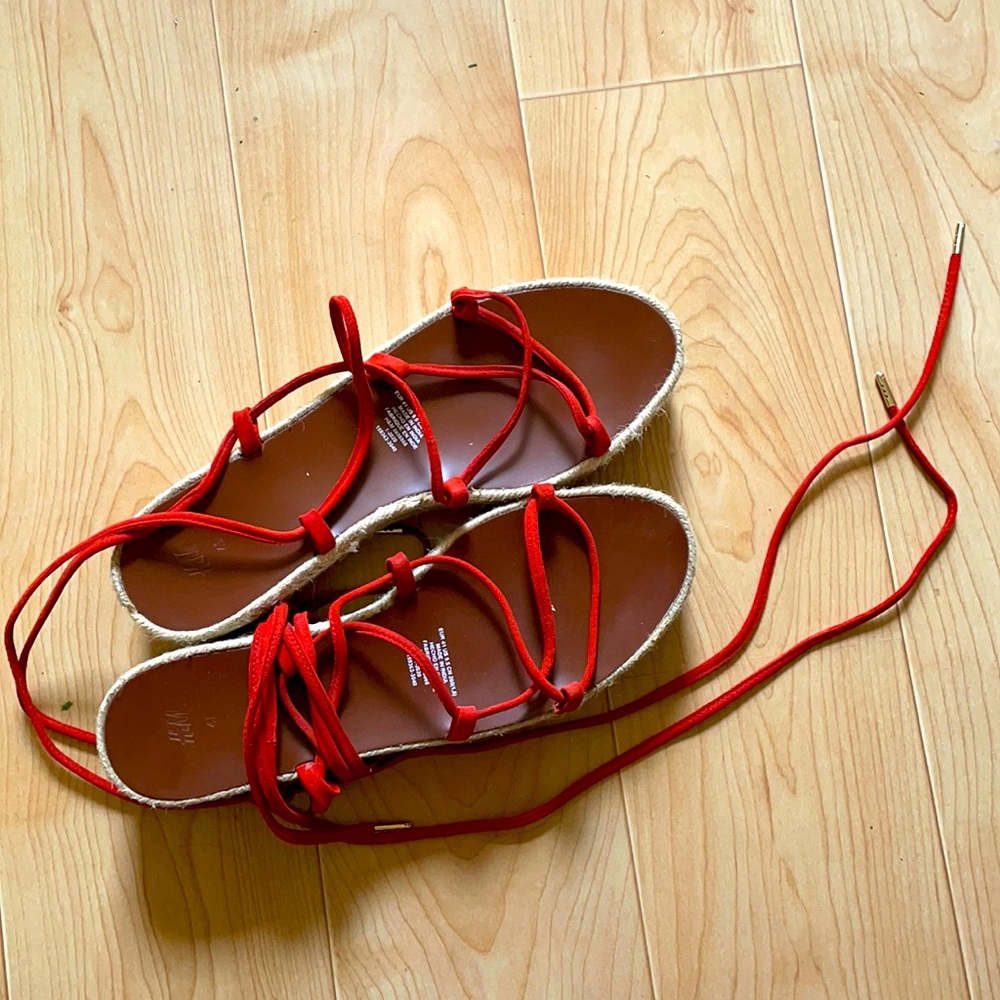 Suede and yute platform sandals, size 10